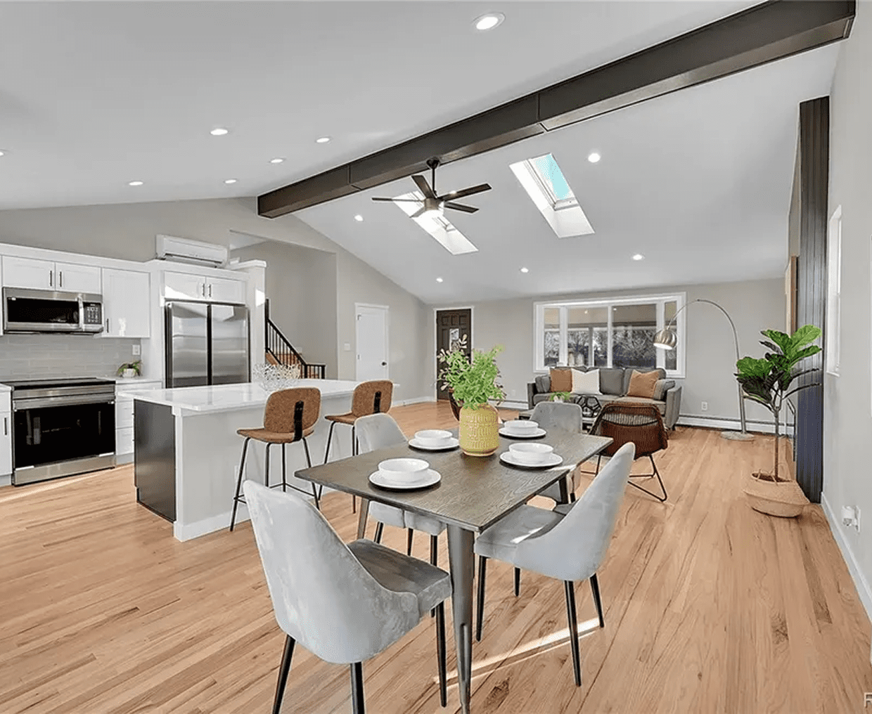Contemporary interior with wooden floors and furniture