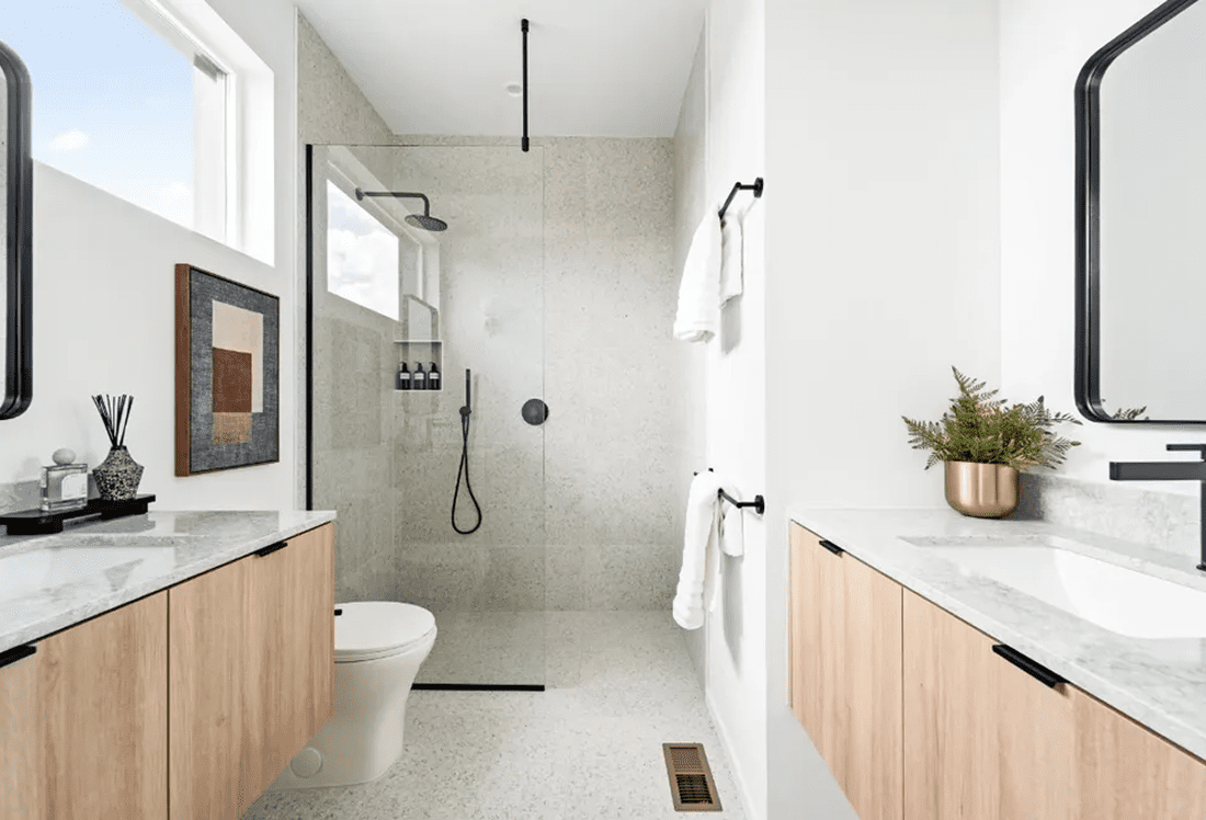 Modern bathroom with wooden cabinets