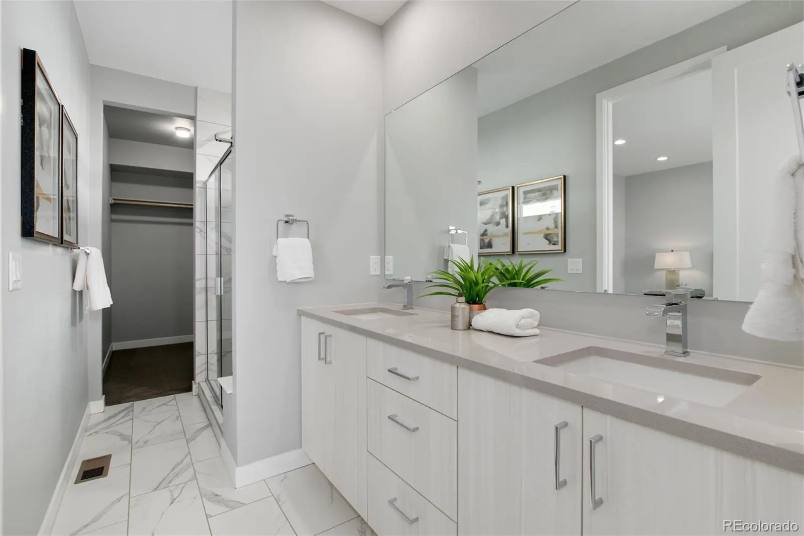 Bright modern bathroom with double vanity