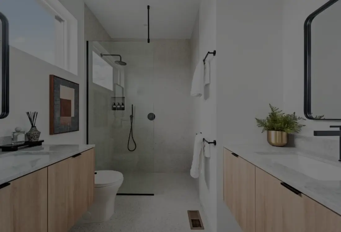 Modern bathroom with wooden cabinets