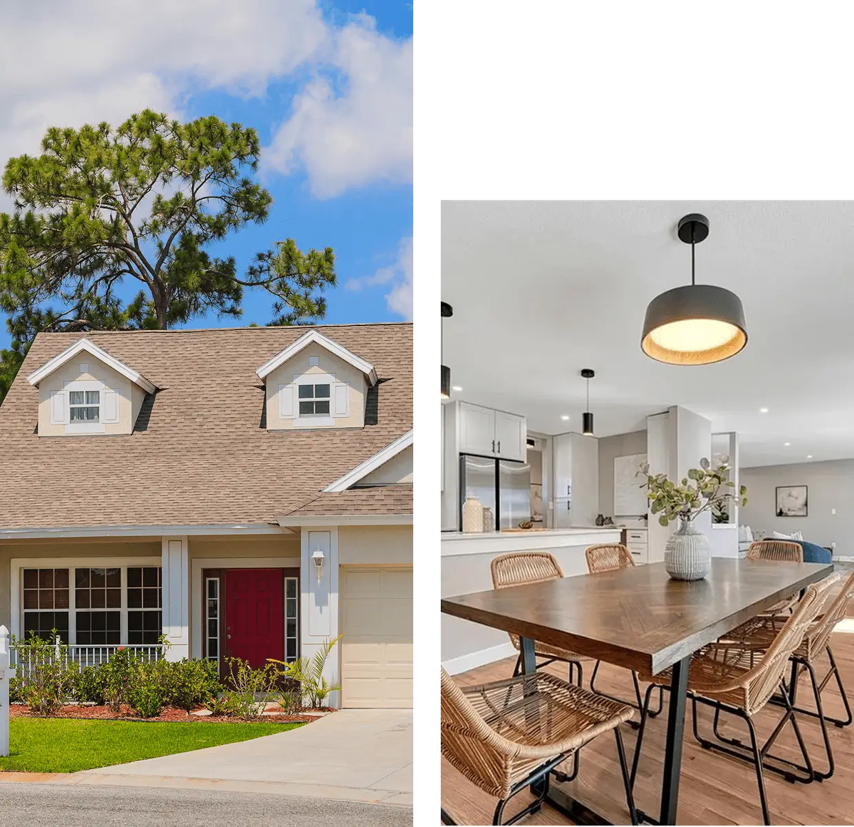 Suburban house exterior with red front door
